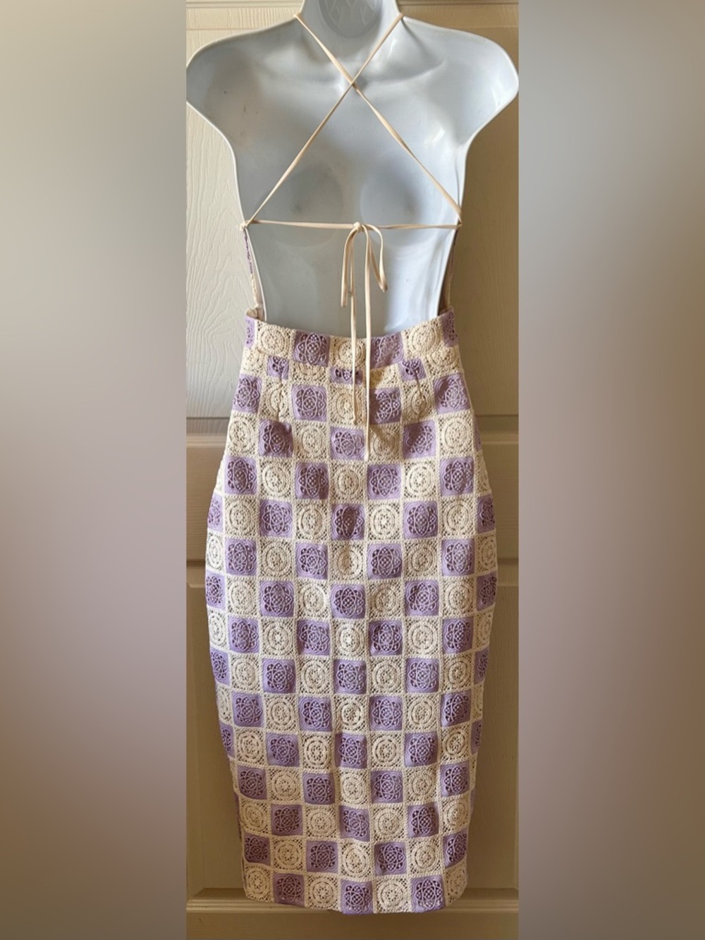 FORE COLLECTION Lilac/Cream Checkered Crochet Halter Dress Spring Wedding Guest - Picture 3 of 13